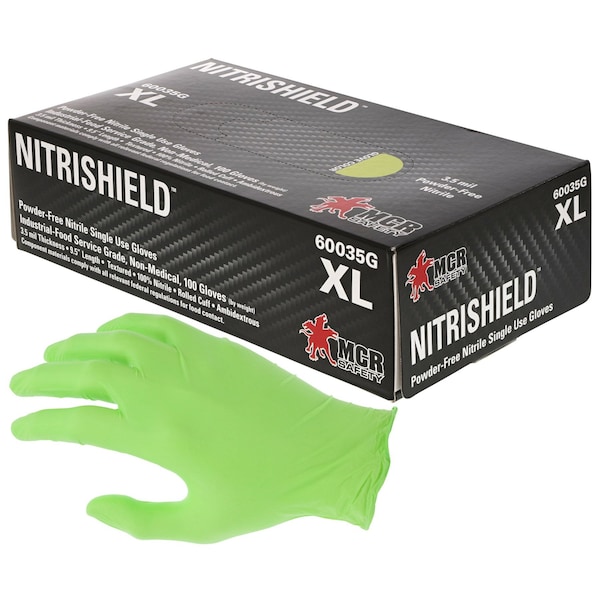 Mcr Safety NitriShield, Disposable Gloves, 3.5 mil Palm, Nitrile, Powder-Free, 2XL, 1000 PK, Green 60035GXXL - main